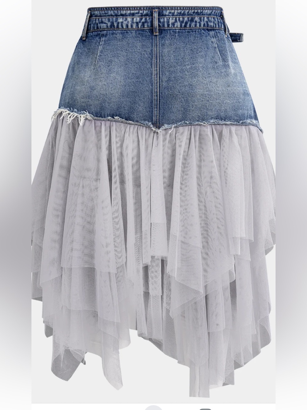Micas Denim and Tulle Mixed Media Midi Skirt – Contrast Patchwork Design M - Picture 2 of 7